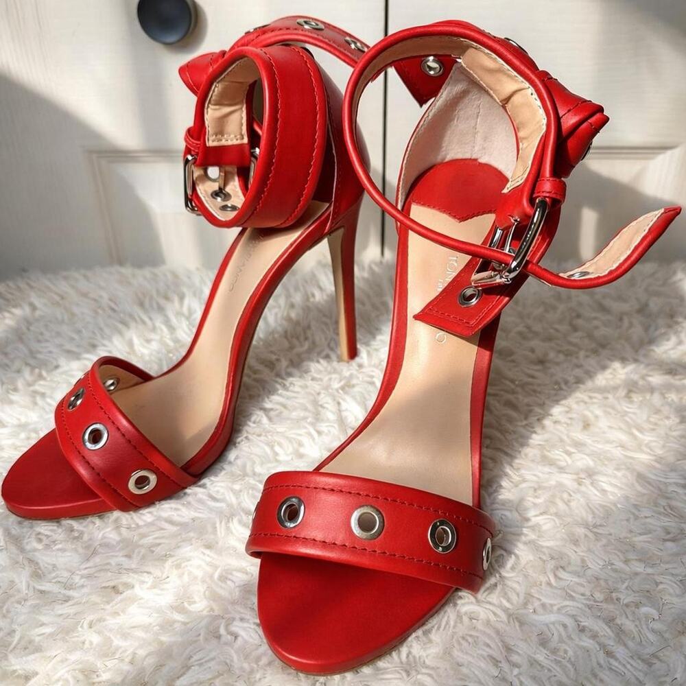 Tony Bianco Red Leather Strappy Grommet Stiletto Heels